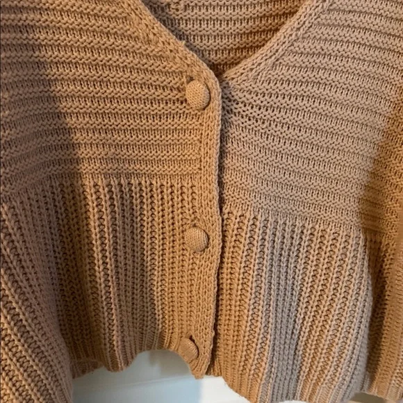 SHEIN Camel V-Neck Button-Up Cropped  Knit Cardigan Sweater - Picture 3 of 6